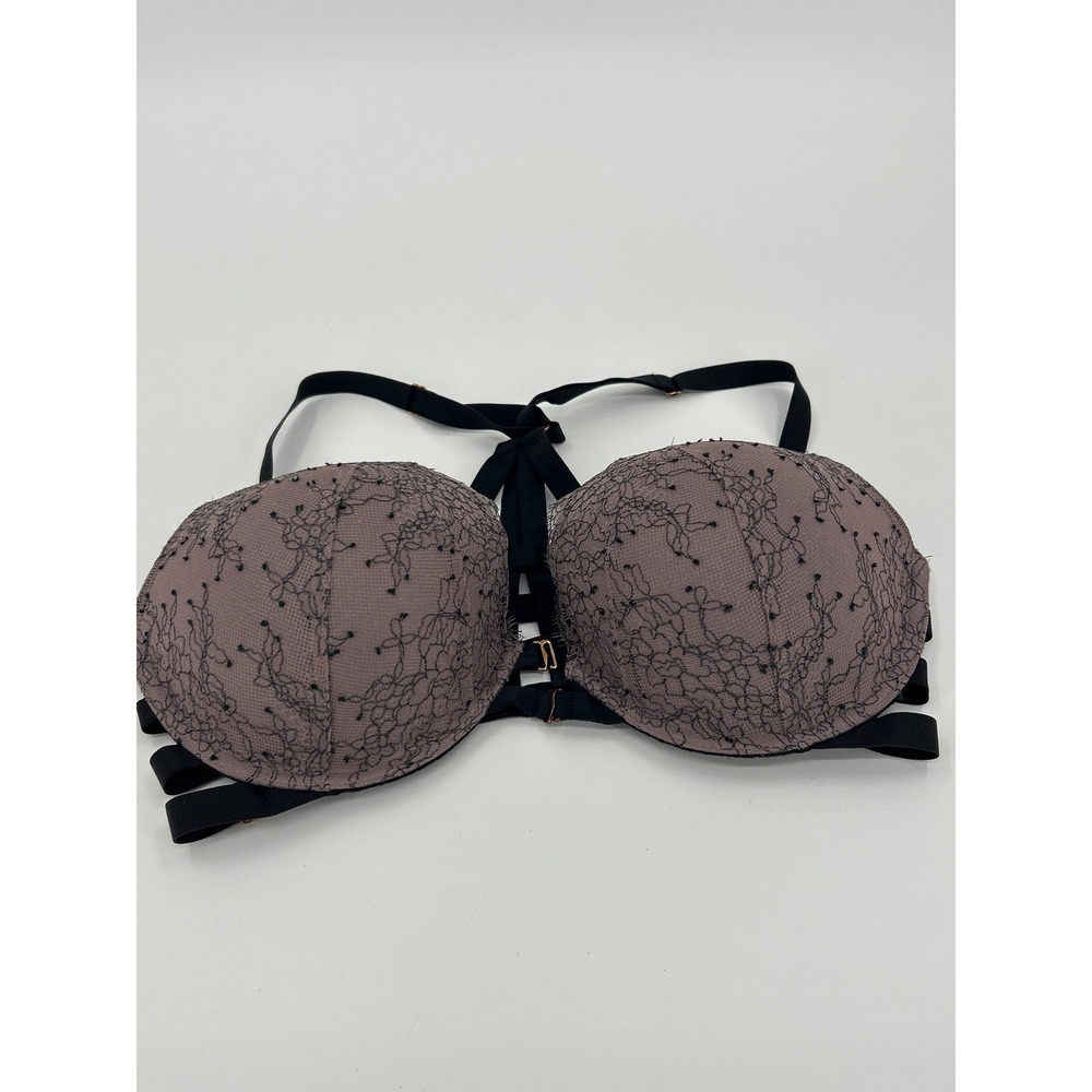 Victorias Secret Very Sexy Push Up Bra 34DD Mauve Black Lace Strappy Cage Back
